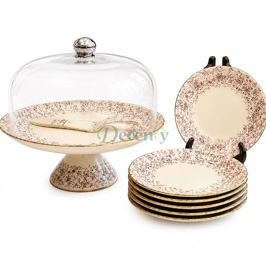 Royal Albert Luxe 9-piece porcelain cake serving set design 14 including plates and a server.