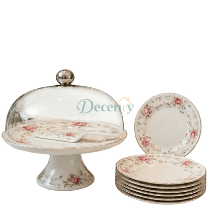 Lifestyle shot of the Royal Albert Luxe cake serving set being used at a high tea party hosting guests.