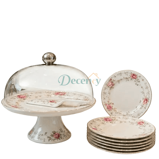 Lifestyle shot of the Royal Albert Luxe cake serving set being used at a high tea party hosting guests.