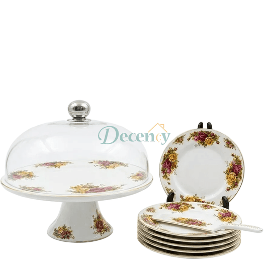Close-up of the elegant patterned plates and cake stand from the Royal Albert Luxe collection.