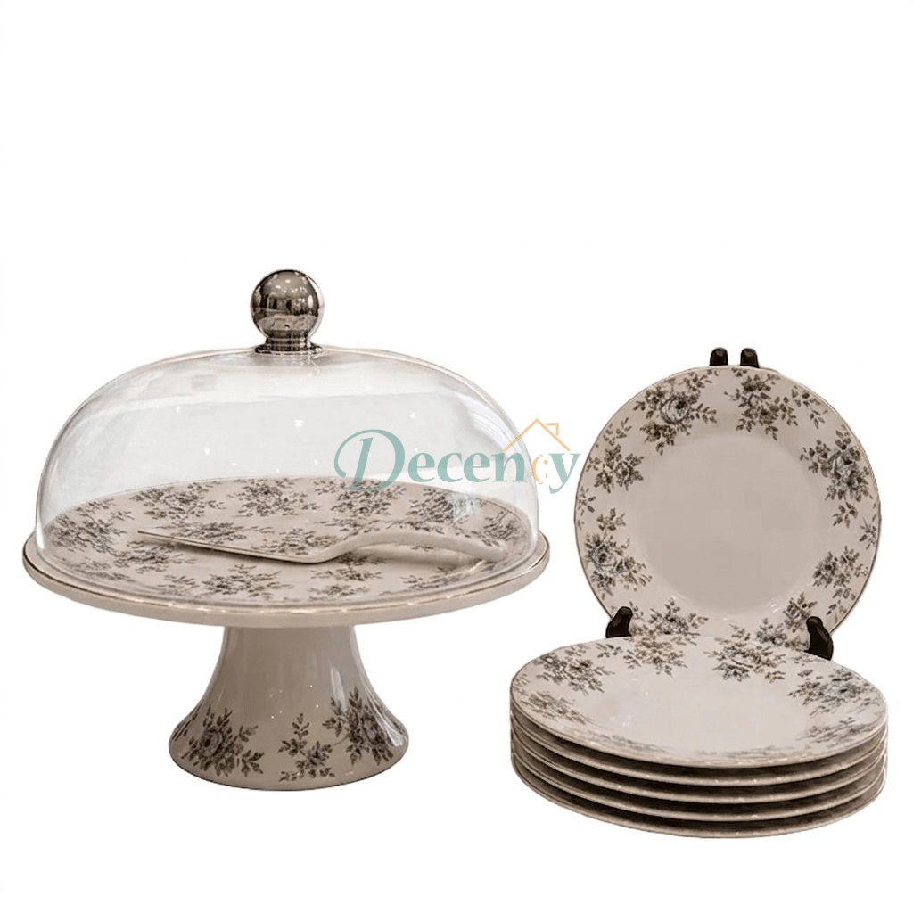 Royal Albert Luxe 9-piece cake serving set displayed on a luxury dining table setup in Pakistan.