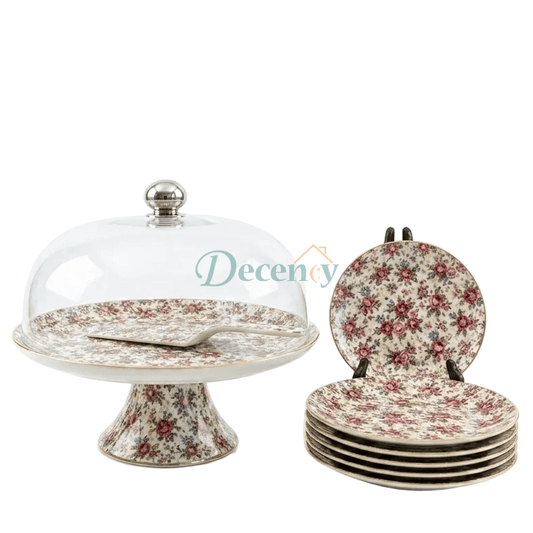 Close-up of the elegant patterned plates and cake stand from the Royal Albert Luxe collection.