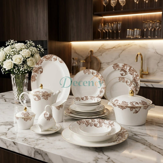 Full 61-piece luxury royal arabesque ceramic dinner set displayed on a marble kitchen island