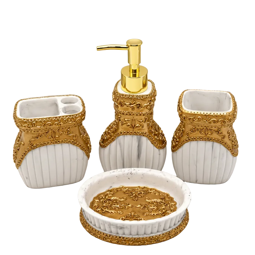 4-piece royal ceramic white marble and antique gold bathroom accessories set displayed on a marble vanity.
