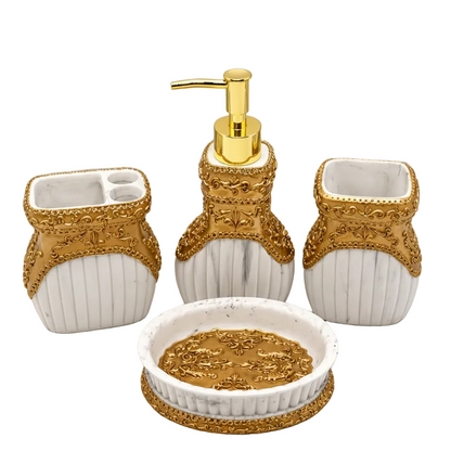 4-piece royal ceramic white marble and antique gold bathroom accessories set displayed on a marble vanity.