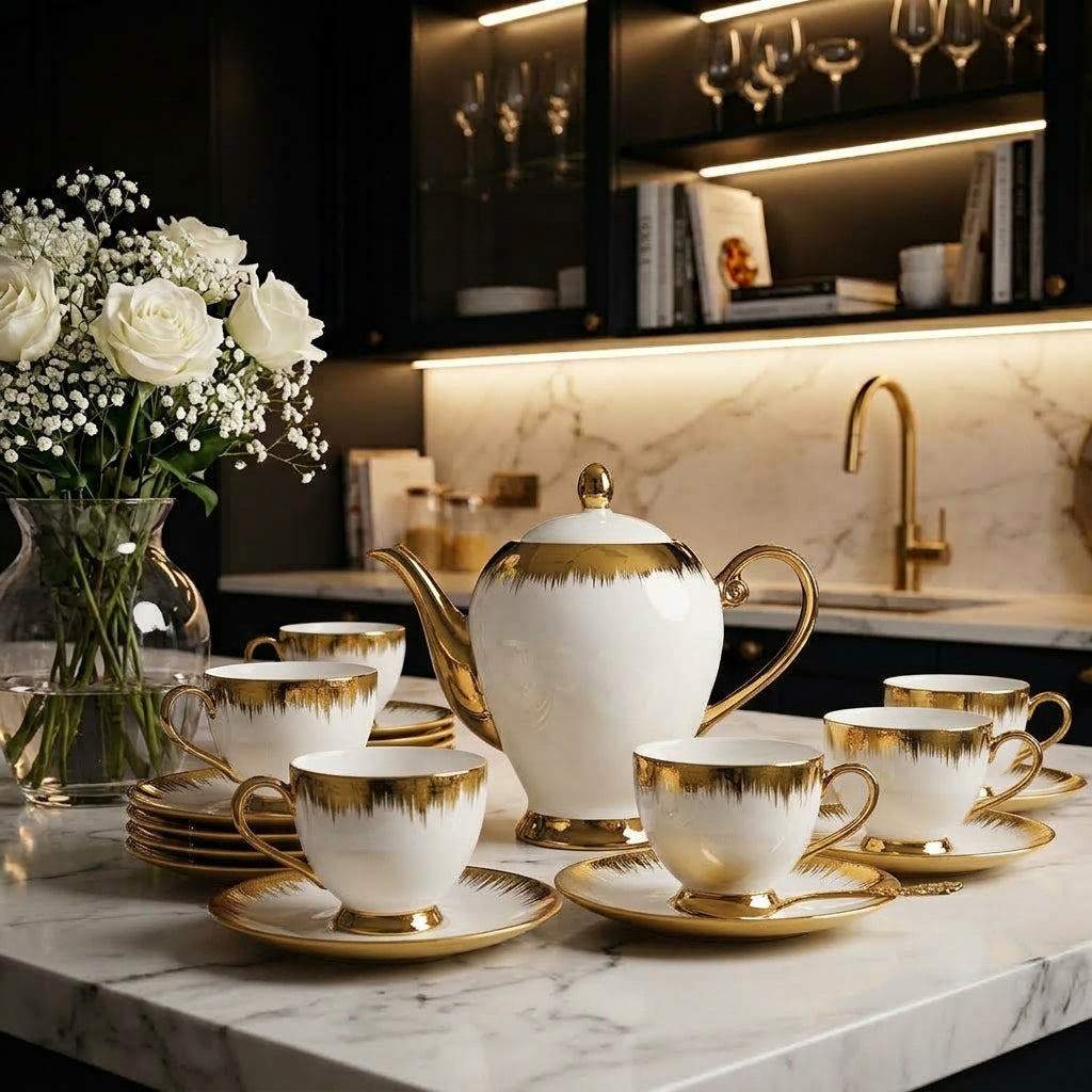 Complete 15-piece porcelain Royal Gold Design tea set arranged on a marble kitchen counter with a vase of white roses.