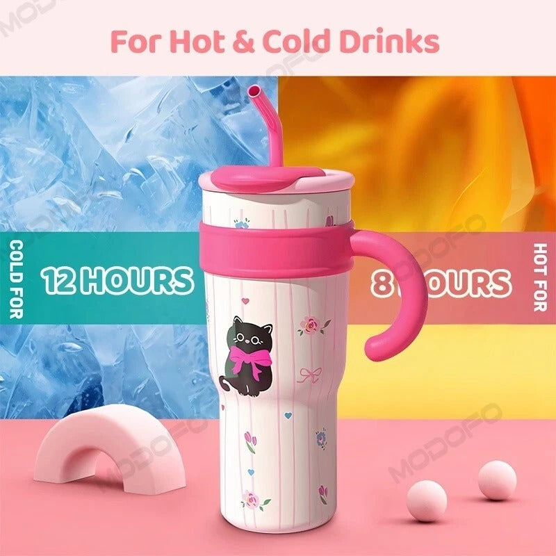 Stainless Steel Tumbler Mug with Straw Handle Water Bottle 1200ml