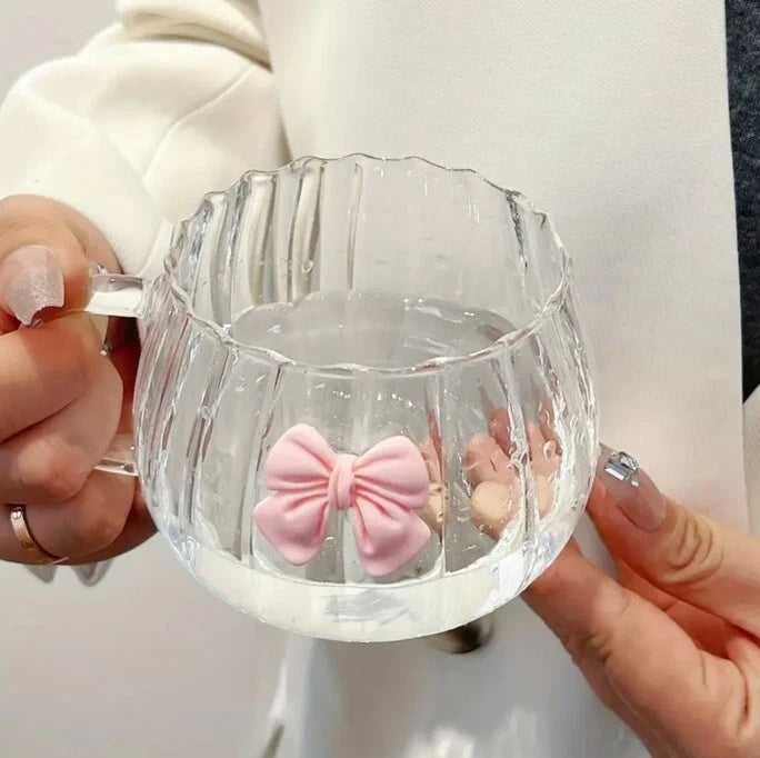 Cute Bow Glass Ribbed Handle Cup