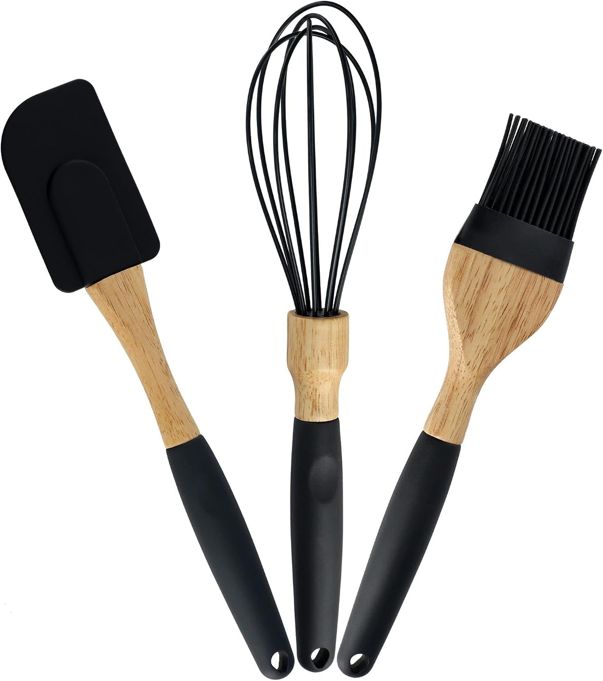 3-piece black silicone kitchen utensil set including spatula, whisk, and oil brush with wooden handles