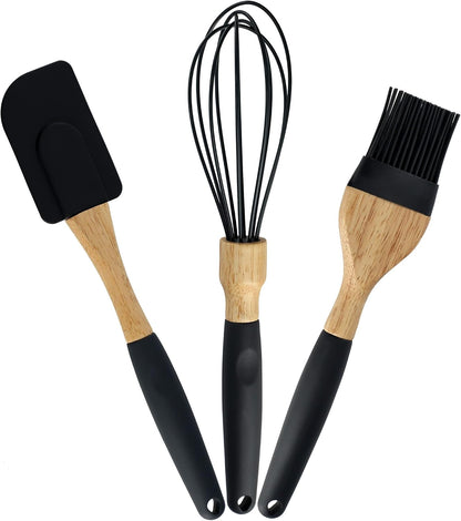 3-piece black silicone kitchen utensil set including spatula, whisk, and oil brush with wooden handles
