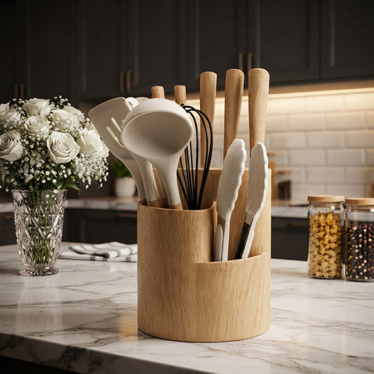 Silicone kitchen utensils set with a wooden holder placed on a marble countertop next to a vase of white roses.