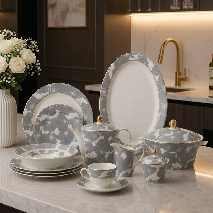 61-piece Silver Bloom luxury dinnerware set arranged on marble tabletop