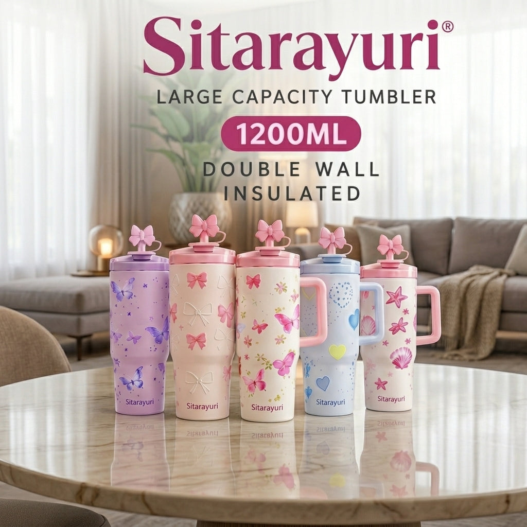 Sitarayuri 1200ml double wall insulated tumblers with bow straw caps in cute prints