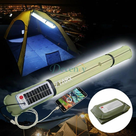 Inflatable LED solar camping light tube illuminating a camping tent at night   