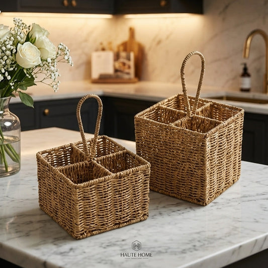 Pair of square woven cutlery caddy baskets with top handles on a marble kitchen counter.