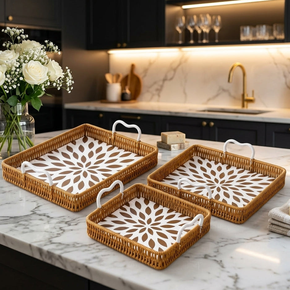 Set of 3 square woven serving trays with handles on a marble kitchen counter