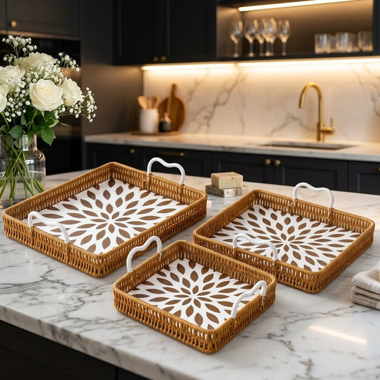 Set of 3 square woven serving trays with handles on a marble kitchen counter