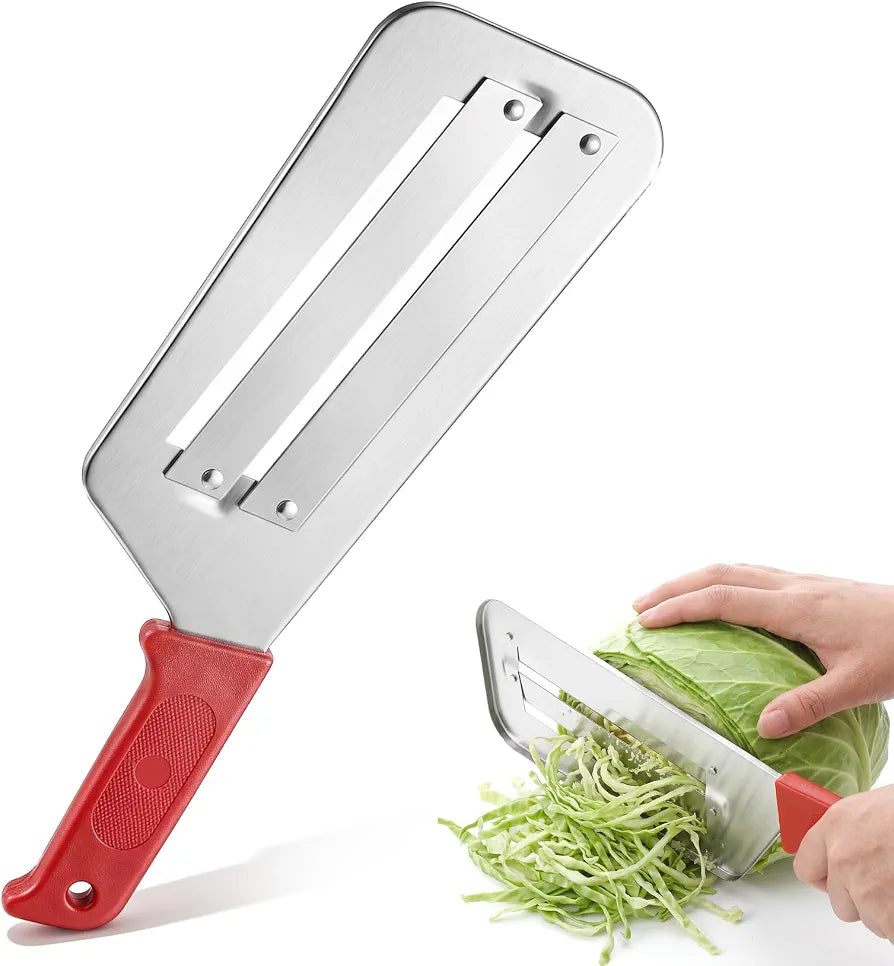 Stainless steel dual blade cabbage slicer with an ergonomic red handle displayed vertically