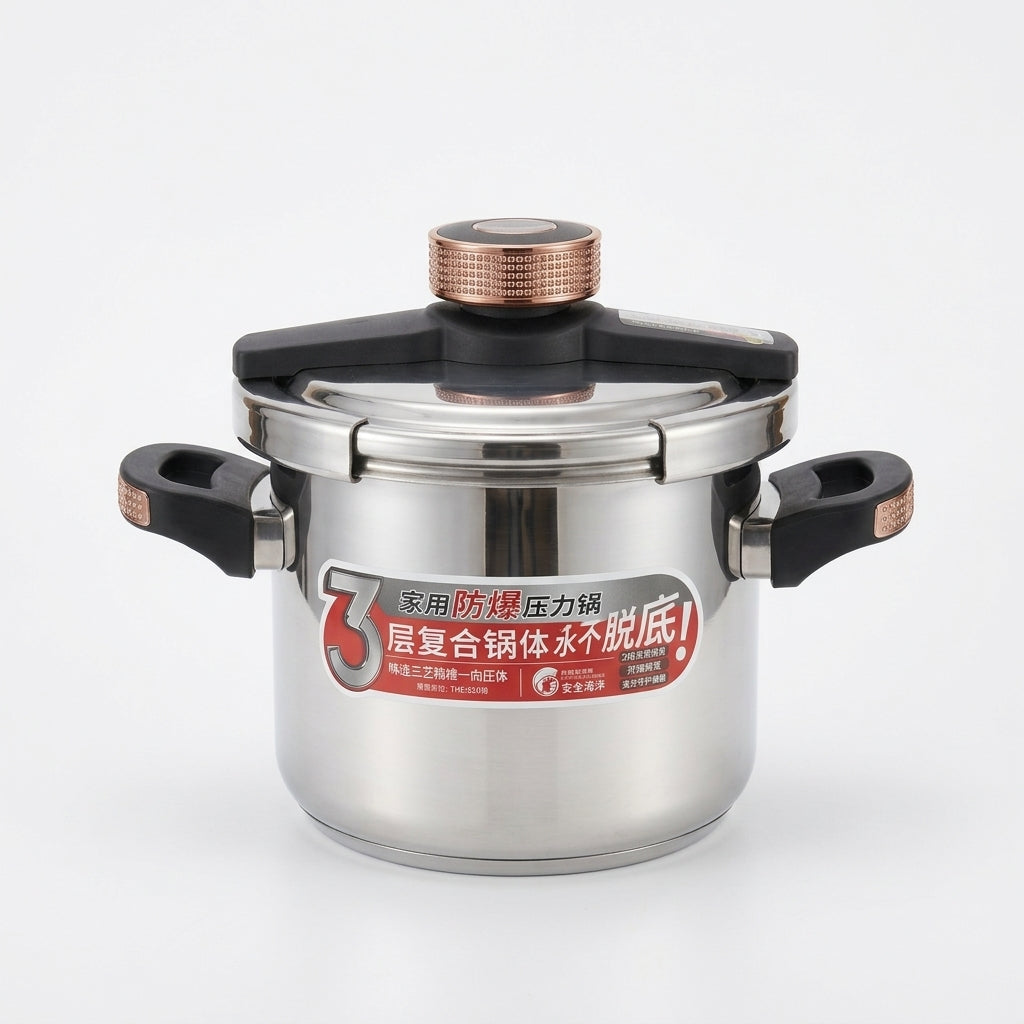 Front view of a modern stainless steel explosion-proof pressure cooker with black handles and rose gold top knob.