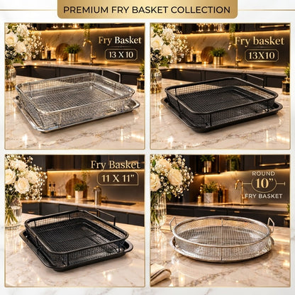 Stainless steel 13x10 inch rectangular fry basket with a tray on a kitchen marble counter