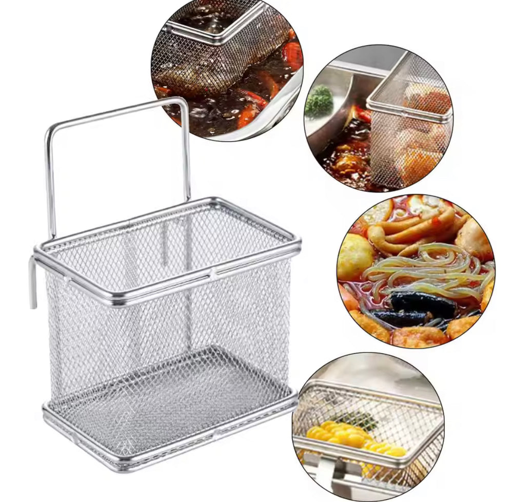 Stainless steel rectangular deep frying basket with vertical handle