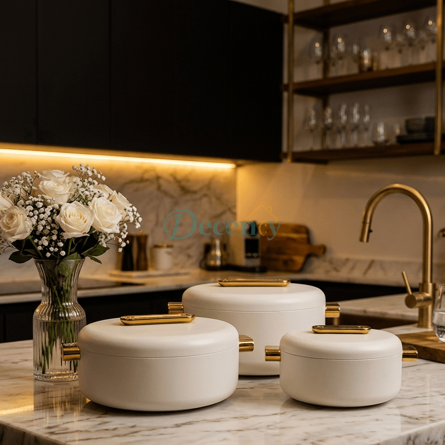 Premium 3-piece insulated hotpot set displayed on a dining table in Pakistan