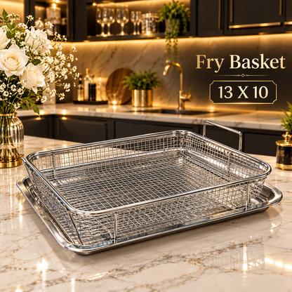 Stainless steel rectangular wire fry basket resting on a matching silver drip tray in a luxury kitchen setup