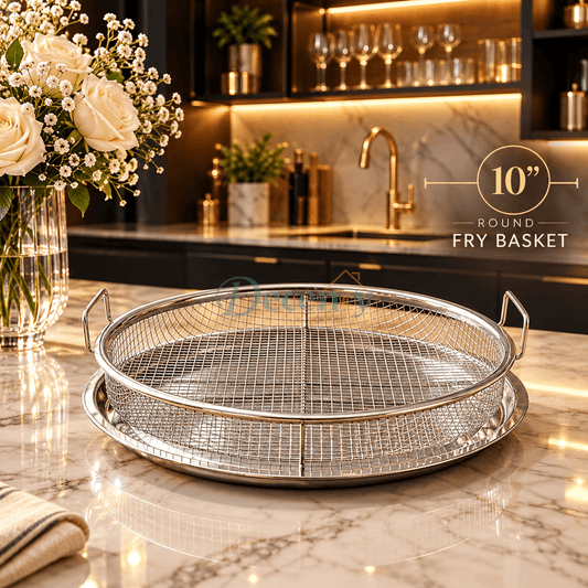 10-inch round stainless steel fry basket with drip tray on marble kitchen counter