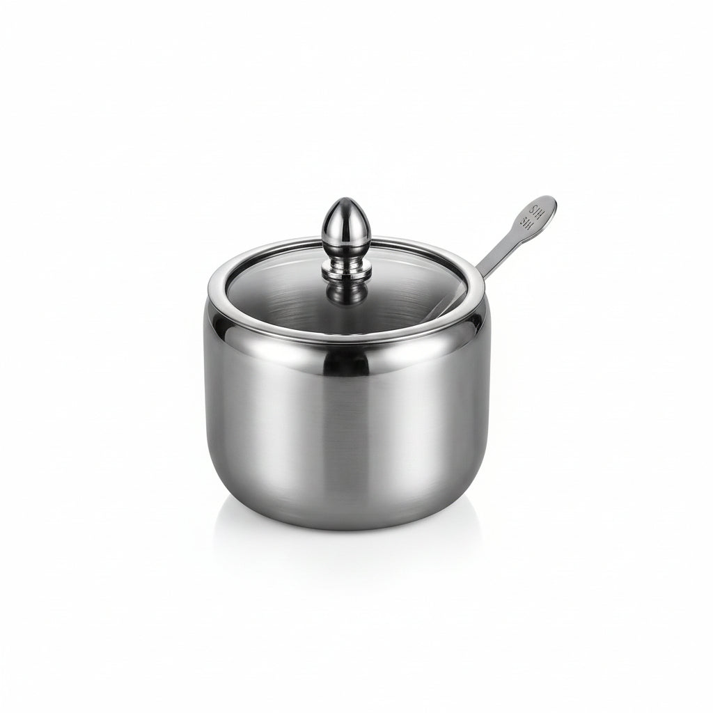Stainless steel sugar jar container with a clear glass lid and small serving spoon on a marble countertop