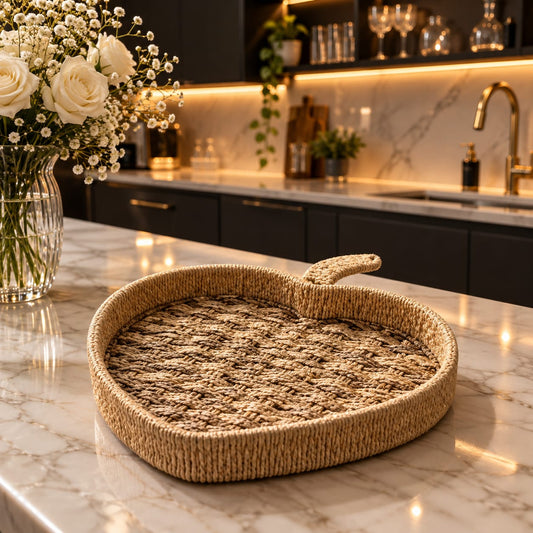 Natural handwoven strawberry shaped wicker serving tray resting on a wooden table