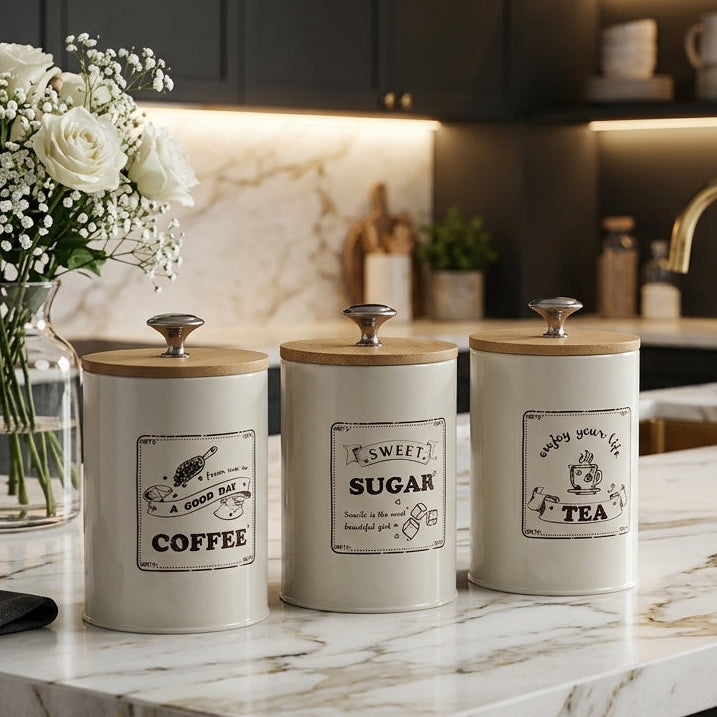 3-piece off-white metal tea, sugar, and coffee canister set with wooden lids on a kitchen counter