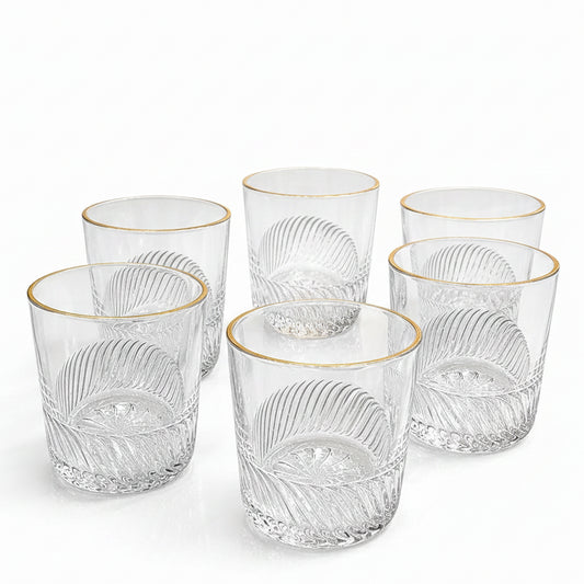 Luxe gold rim luxury textured glass set of 6 displayed elegantly on a Pakistani dining table.