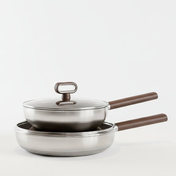 Titanium non-stick stainless steel frying pan set with glass lid in 24cm and 28cm sizes