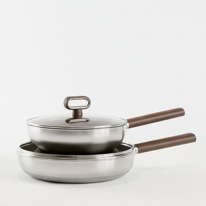 Titanium non-stick stainless steel frying pan set with glass lid in 24cm and 28cm sizes