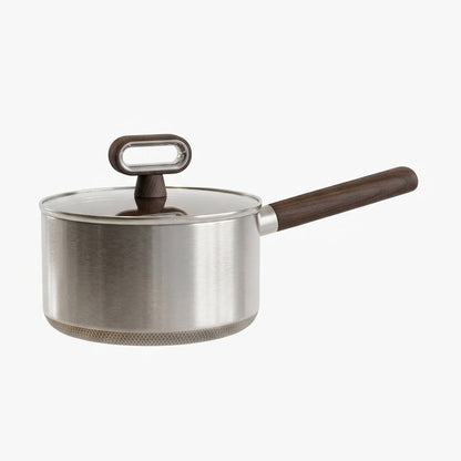 Titanium coated stainless steel saucepan with ergonomic wooden handle and glass lid on a white background