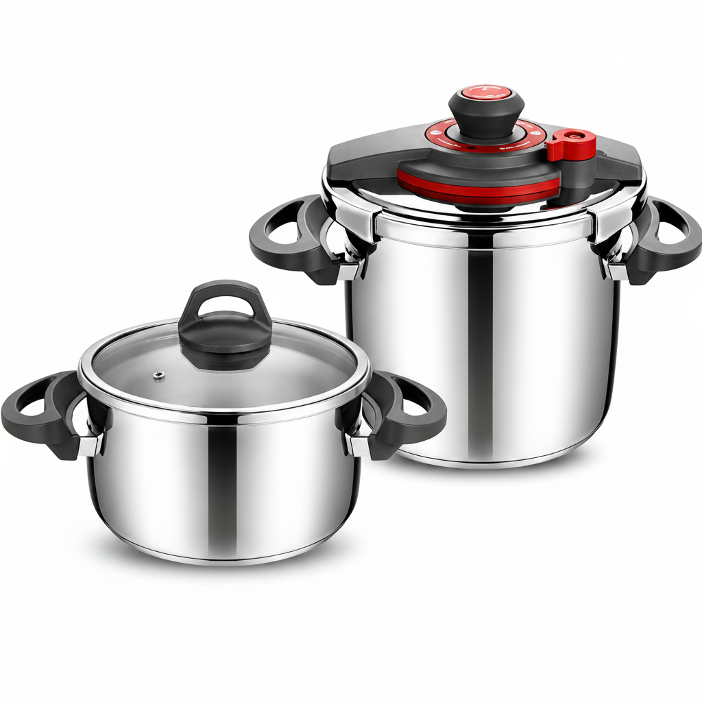 Stacked 3-piece beige Turkish granite cookware set with glass lids on a wooden counter