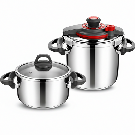 Stacked 3-piece beige Turkish granite cookware set with glass lids on a wooden counter