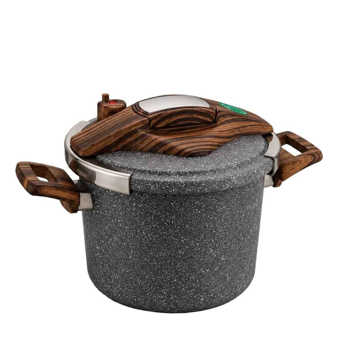Stacked 3-piece beige Turkish granite non-stick cookware pots with tempered glass lids and dark handles on a rustic wooden countertop.