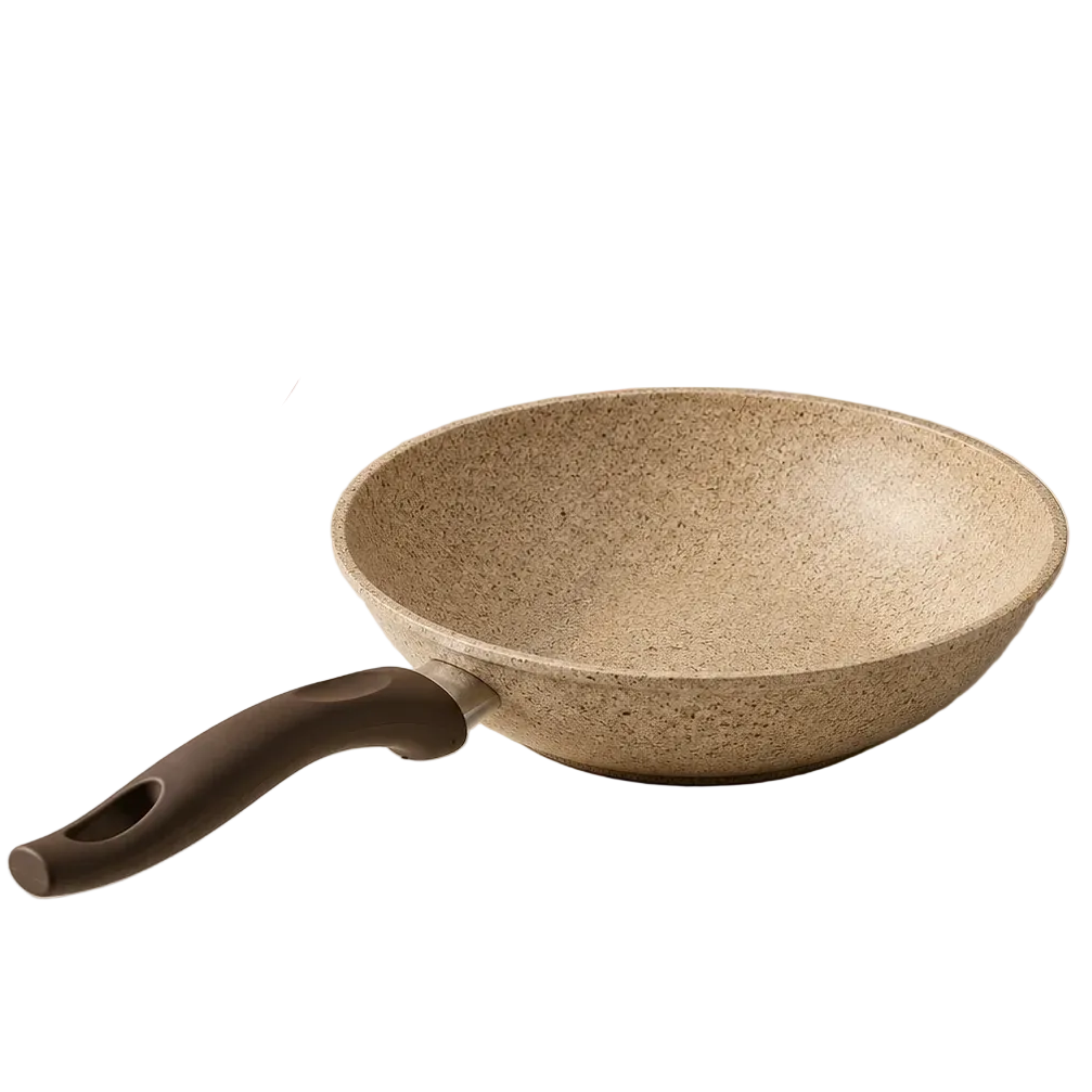 28cm Turkish granite non-stick wok pan placed on a white marble kitchen counter with food prep bowls.