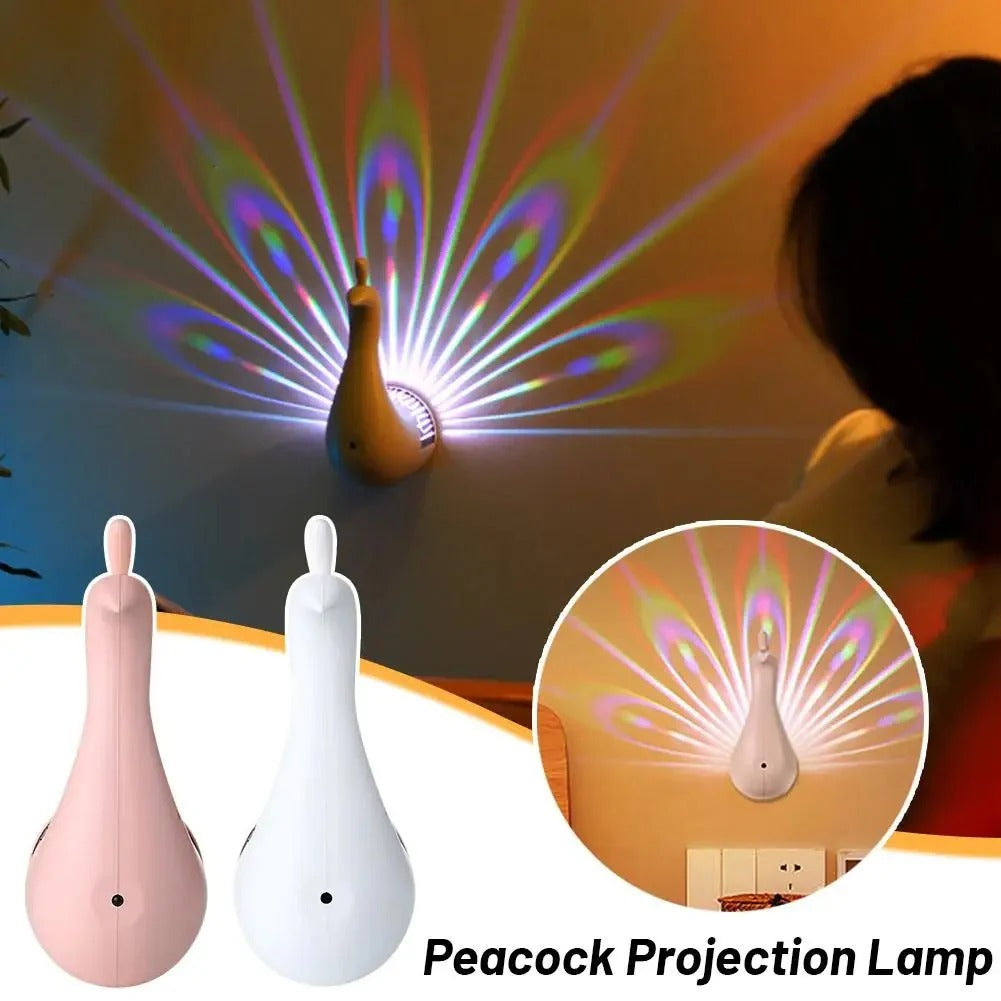 Twinkle peacock night sky projection lamp casting a vibrant colorful galaxy effect on a bedroom ceiling