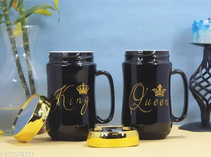 King Queen Coffee Mugs with Golden Crown lid