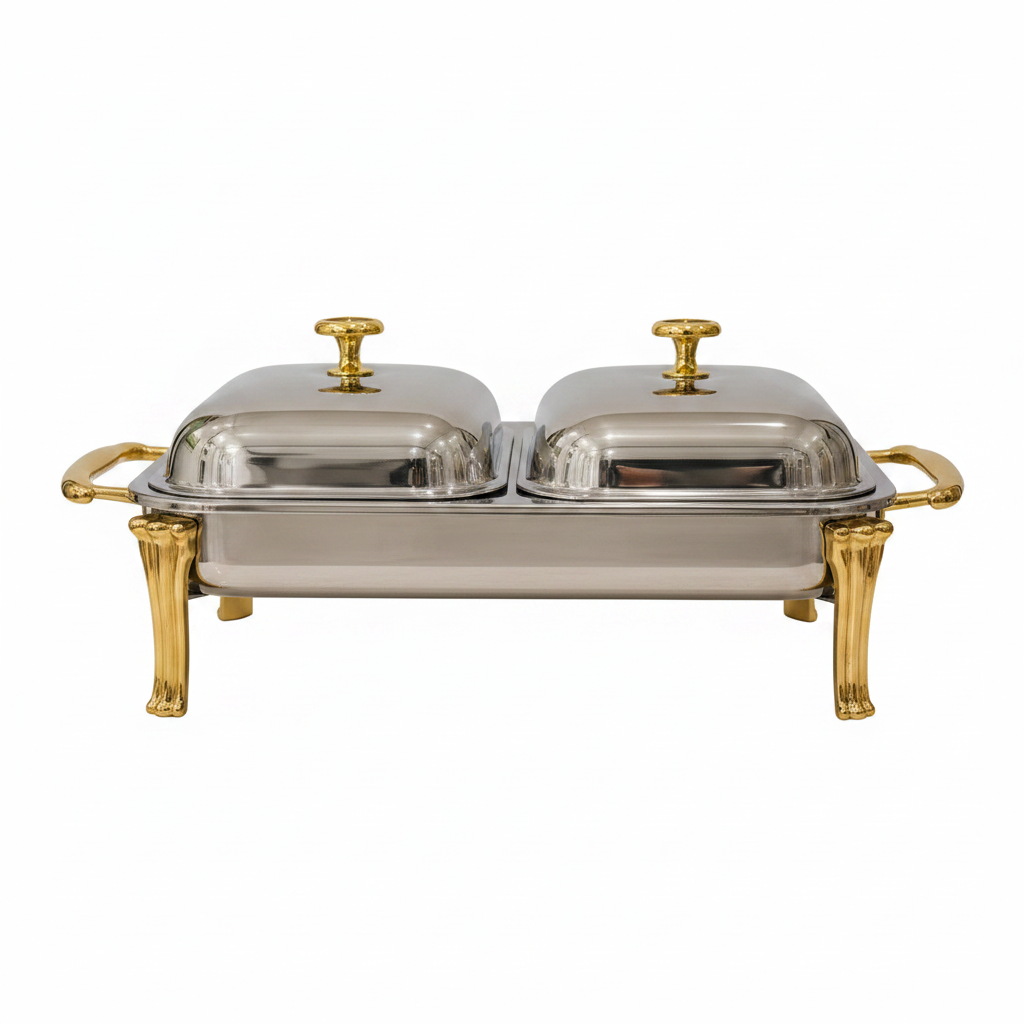 Premium stainless steel buffet food warmer set up for a Pakistani wedding reception.