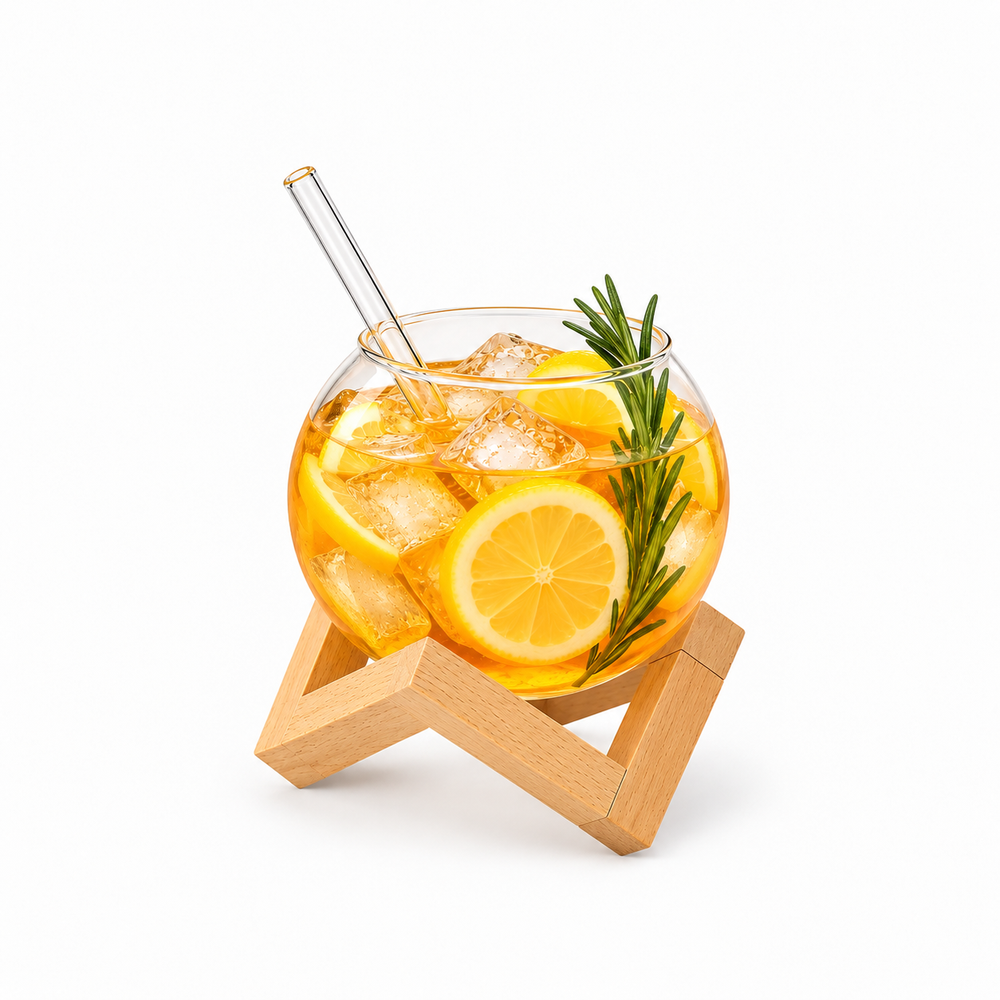 Front view of Uylee 400ml round glass cup filled with lemonade, resting on a wooden stand with a glass straw