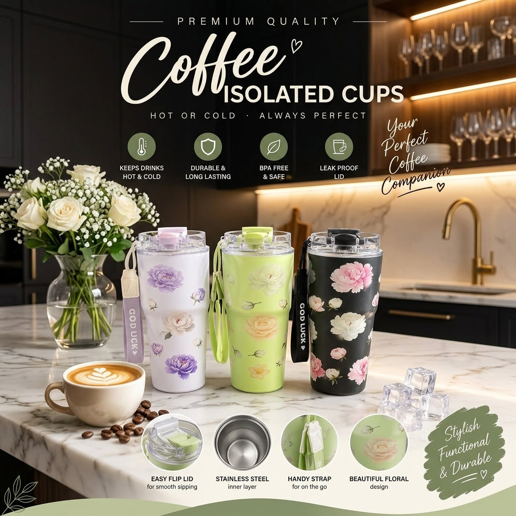 Three Uylee 600ml insulated coffee cups in white, green, and black floral patterns