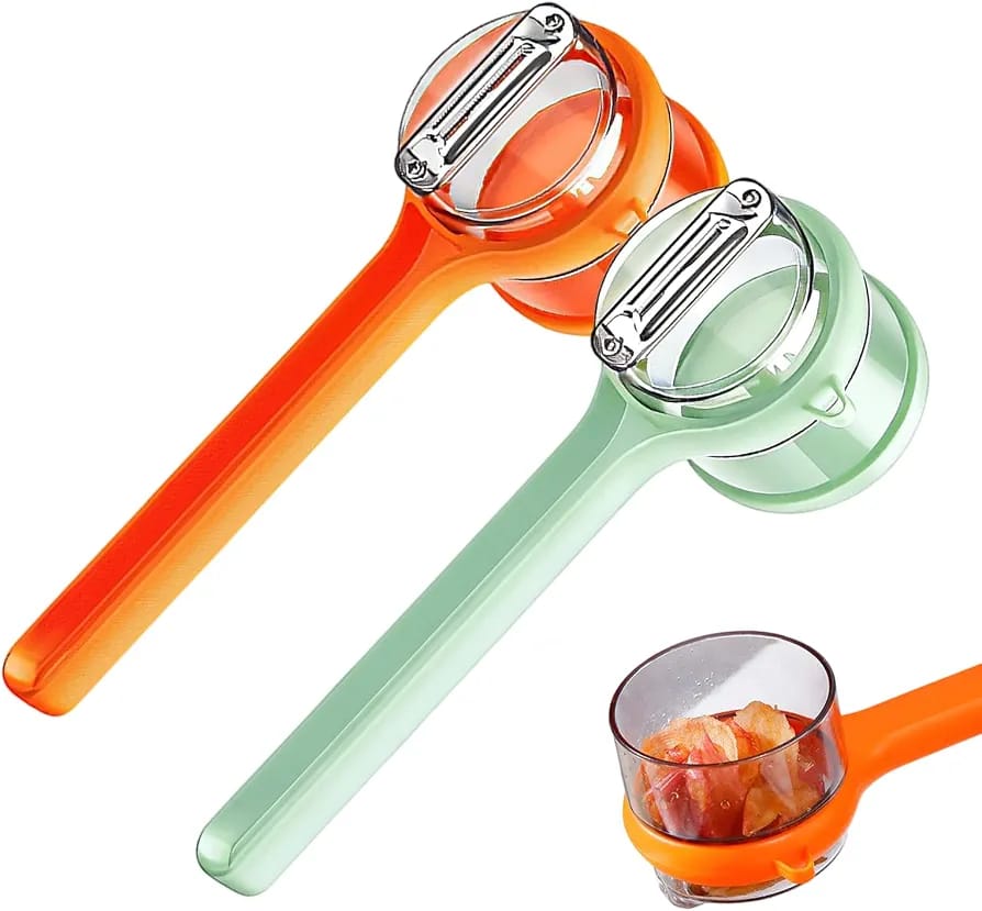 Orange and green 2-in-1 vegetable peelers with attached peel storage containers
