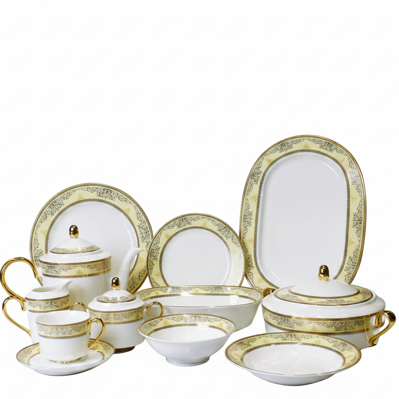 Luxurious 61-piece bone china dinner set featuring intricate Victorian gold ornament patterns on a white background.