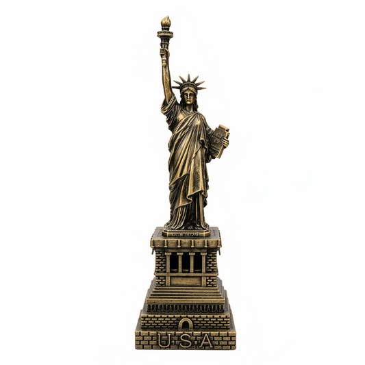 A vintage-finished metal Statue of Liberty showpiece displayed elegantly on a white marble living room table with warm, premium lighting.