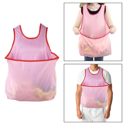 Pink wearable laundry apron bag with front pouch for holding clothes