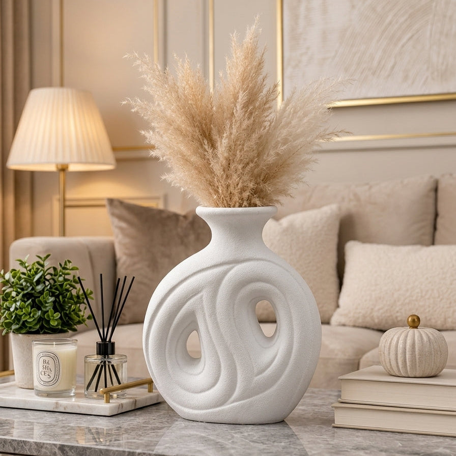 Modern white ceramic donut vase with dried pampas grass on a marble coffee table