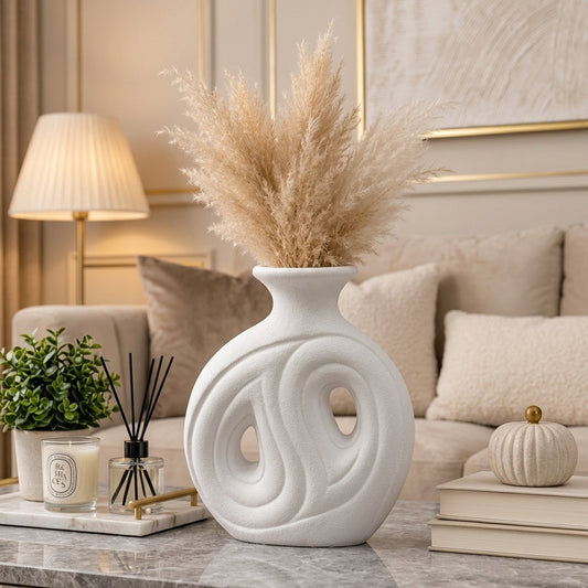 Modern white ceramic donut vase with dried pampas grass on a marble coffee table